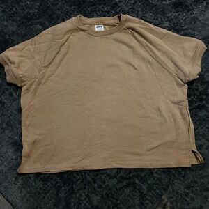 PINK Victoria's Secret Womens XL Short Sleeve Sweatshirt Tan Relaxed Fleece Top